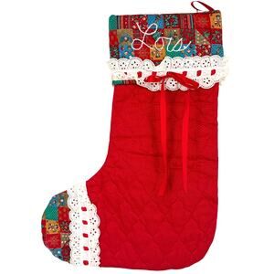 Homemade Vintage Quilted Red Lace Christmas Stocking Embroidered "Lois"